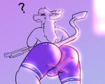 2026 ambiguous_gender anthro balls_outline between_butt big_butt bottomwear bulge butt chameleon_(meccha_chameleon) clothed clothing colored confusion detailed_bulge digital_drawing_(artwork) digital_media_(artwork) duo featureless_face featureless_limbs genital_outline gun hair half-closed_eyes hi_res holding_gun holding_object holding_ranged_weapon holding_weapon humanoid humanoid_on_anthro larger_anthro larger_male long_hair male male/ambiguous meccha_chameleon micro narrowed_eyes no_pupils nude nude_ambiguous nude_humanoid oblivious purple_bottomwear purple_clothing purple_shorts question_mark ranged_weapon shaded shorts size_difference smaller_ambiguous smaller_humanoid striped_body striped_ears stripes sythefox_(artist) tail tail_tuft thick_thighs topless tuft unknown_species weapon white_eyes