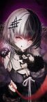  1girl :q absurdres akiyama_kou arm_warmers belt black_belt black_choker black_dress black_gloves black_hair black_jacket black_nails blurry blurry_foreground breasts chest_belt choker cleavage commentary dress fingerless_gloves fingernails fur-trimmed_sleeves fur_trim gloves grey_hair hair_ornament heart heart_in_eye highres holding holding_leash holding_scissors hololive hololive_english jacket jewelry large_breasts leash long_fingernails long_hair looking_at_viewer multicolored_hair multiple_rings nail_polish open_clothes open_jacket pov revision ring scissors shiori_novella shiori_novella_(1st_costume) solo split-color_hair striped_arm_warmers striped_clothes striped_gloves symbol_in_eye tongue tongue_out two-tone_hair untranslatable_commentary upper_body very_long_fingernails viewer_on_leash virtual_youtuber yellow_eyes yorick_(shiori_novella) 