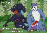 animal_genitalia animal_penis anthro anthro_on_anthro arms_tied ass_up avian avian_feet balls bdsm beak big_penis bird blackneka_(artist) blue_body blue_feathers blue_fur bodily_fluids bondage bound cade_harrow canid canine canine_genitalia canine_penis canis claws corvid corvus_(genus) crouching crow cuff_(restraint) cum degradation dibbo digital_media_(artwork) dominant dominant_male dripping duo english_text erection feathers feet forced forest fur genital_fluids genitals grass green_eyes hair handcuffs hands_behind_back hands_tied hi_res humiliation imminent_sex jack-o'_pose kneeling knot knotted_penis leaking leaking_precum legs_tied licking licking_lips licking_own_lips looking_at_another male male/male male_anthro mammal markings metal_cuffs nature nature_background nude on_ground oscine outside passerine paws penis plant pose precum precum_drip precum_on_ground presenting purple_body raised_tail red_body red_feathers red_genitals red_penis restrained restraints smile spread_legs spreader_bar spreading submissive submissive_anthro submissive_male tail tail_feathers talons text toe_claws toes tongue tongue_out tree white_body wings yellow_eyes