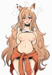 1girl ? alternate_costume angelina_(arknights) angelina_(arknights)_(cosplay) angelina_(sports)_(arknights) animal_ears arknights artist_name bare_shoulders black_choker black_shorts blush bra bra_lift breasts brown_hair ceobe_(arknights) choker cleavage clothes_around_waist clothes_lift commentary confused cosplay ctoh_(chewandhamper) dog_ears dog_girl fang hair_between_eyes highres infection_monitor_(arknights) jacket jacket_around_waist large_breasts long_hair looking_at_viewer material_growth navel nipples open_mouth orange_jacket oripathy_lesion_(arknights) red_eyes seeing_stars shorts sidelocks skin_fang smile solo sports_bra stomach thighs underwear very_long_hair white_background white_sports_bra 