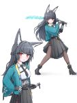  1girl animal_ear_fluff animal_ears aqua_jacket arm_out_of_sleeve black_hair black_necktie black_pantyhose black_skirt blush closed_mouth commentary fingerless_gloves fox_ears fox_girl full_body gauntlets gloves hand_on_own_hip high-waist_skirt highres holding holding_sword holding_weapon hoshimi_miyabi jacket katana long_hair looking_at_viewer necktie pandegalihhh pantyhose red_eyes shirt simple_background single_fingerless_glove single_gauntlet skirt sword weapon white_background white_shirt zenless_zone_zero 