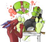 3_toes 5_fingers anthro barefoot bdsm belt bodily_fluids bondage bound chair cirez claws clothed clothing countershade_feet countershading cuff_(restraint) dinosaur dominant dominant_male dragon drooling duo european_mythology eyes_closed feet fingers foot_fetish foot_focus foot_lick foot_play fully_bound furniture gag green_body green_eyes green_scales heart_symbol hindpaw horn laugh leather leather_cuffs licking lying male male/male multicolored_body muzzle_(object) mythological_creature mythological_scalie mythology nude paws pink_tongue plantigrade prehistoric_species purple_horn red_body red_scales reptile restrained restraints saliva saurischian scales scalie shackles simple_background sitting smile soles straitjacket submissive submissive_male table tail tail_motion tailwag tape tears teeth theropod tickle_fetish tickle_torture tickling tickling_feet toe_claws toe_restraints toes tongue tongue_out uroko western_dragon white_background white_claws