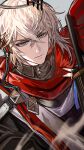 1boy absurdres arknights black_halo black_jacket blonde_hair blue_eyes chinese_commentary cloak closed_mouth commentary_request executor_(arknights) executor_the_ex_foedere_(arknights) expressionless feitong27 hair_between_eyes halo highres jacket looking_at_viewer male_focus red_cloak short_hair simple_background solo upper_body 