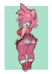 accessory amy_rose anthro big_breasts blush boots bracelet breasts butt clothing dress eulipotyphlan eyelashes female footwear fur gloves green_eyes hair_accessory hairband handwear hedgehog hi_res jewelry looking_at_own_butt looking_back mammal pink_body pink_fur sega shoes simple_background solo sonic_the_hedgehog_(series) tail teal_background underwear xmortem