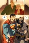  1girl 3boys absurdres bat_mask batman batman_symbol belt blue_bodysuit bodysuit cape chamsut0905 clark_kent commentary couple dc_comics father_and_child father_and_son grey_bodysuit highres husband_and_wife jonathan_kent_sr. martha_kent mother_and_child mother_and_son multicolored_suit multiple_boys parent_and_child red_cape superhero_costume superman superman_(series) superman_logo two-tone_suit untranslatable_commentary utility_belt 
