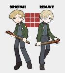  2025 black_shoes blonde_hair commentary_request comparison denim flashlight green_jacket holding holding_weapon jacket james_sunderland jeans kuso_500t pants shirt shoes silent_hill_(series) silent_hill_2 silent_hill_2_(remake) simple_background square stick weapon white_background 