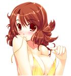  areolae bikini bikini_in_mouth blush breasts brown_hair character_request idol_revolution large_breasts moric mouth_hold red_eyes solo swimsuit undressing untied untying 