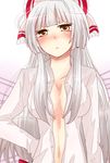  :o bad_id bad_pixiv_id bangs blunt_bangs blush bow breasts cleavage fujiwara_no_mokou hair_bow head_tilt highres large_breasts long_hair looking_at_viewer navel no_bra open_clothes open_shirt sakura_(7) shirt silver_hair simple_background solo straight_hair touhou upper_body very_long_hair white_background yellow_eyes 
