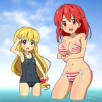  :d arm_up armpits bad_id bad_pixiv_id bangs bikini blonde_hair blush blush_stickers body_blush breast_hold breasts cameltoe cecily_cambell cloud day flat_chest hair_ribbon large_breasts lisa_(seiken_no_blacksmith) long_hair multiple_girls one-piece_swimsuit open_mouth outdoors pointy_ears purple_eyes red_eyes red_hair reflection ribbon school_swimsuit seiken_no_blacksmith short_hair side-tie_bikini sky smile striped striped_bikini striped_swimsuit swimsuit tea_(084630000) underboob very_long_hair wading water wet 