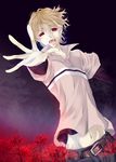  bad_id bad_pixiv_id blonde_hair fangs flower male_focus mutou_tooru navel outstretched_arm red_eyes shiki shirt solo spider_lily subuta 