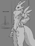2026 3:4 anthro armwear armwear_only artist_name bandai_namco black_sclera canid canine claws clothing digimon digimon_(species) finger_claws fingers fur hand_on_hip holding_object looking_at_viewer mammal monochrome mostly_nude pose renamon sketch solo text winick-lim