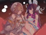  2girls absurdres bare_shoulders black_hair blue_eyes blush bonnet bow brown_hair closed_eyes columbina_(genshin_impact) columbina_(the_final_gift)_(genshin_impact) commentary cup dress eating english_text eye_mask food fork frilled_nightgown genshin_impact gradient_hair hair_ornament hair_ribbon hat head_wings headdress highres holding holding_cup holding_food holding_fork holding_plate kitsunetenma long_hair long_sidelocks long_sleeves mask mob_cap multicolored_hair multiple_girls multiple_wings nightgown official_alternate_costume open_mouth pajamas plate purple_hair purple_streaks ribbon sandrone_(genshin_impact) sandrone_(the_final_gift)_(genshin_impact) see-through_clothes see-through_mask sidelocks sleepover sleepwear smile streaked_hair tea teacup two-tone_hair untranslatable_commentary very_long_hair white_bonnet white_dress white_gown white_headdress white_mask white_nightgown white_pajamas white_ribbon white_wings wing_hair_ornament wings wrist_bow 