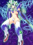  1girl bad_id bad_pixiv_id breasts gundam gundam_00 gundam_00_a_wakening_of_the_trailblazer highres kochiya_sanae mecha_musume medium_breasts revealing_clothes runa7 solo strapless_bottom touhou underboob 