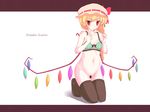  black_legwear blonde_hair bottomless bra censored flandre_scarlet hat kneeling lingerie navel red_eyes saiuri short_hair side_ponytail solo thighhighs touhou underwear wings 