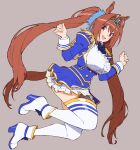  1girl absurdres animal_ears ankle_boots asdf_4532 blue_bow blue_bowtie blue_jacket blue_skirt blush boots bow bowtie brown_hair center_frills commentary daiwa_scarlet_(peak_blue)_(umamusume) daiwa_scarlet_(umamusume) epaulettes fang framed_breasts frills full_body grey_background hair_intakes high_heel_boots high_heels highres horse_ears horse_girl horse_tail jacket juliet_sleeves layered_legwear layered_skirt long_hair long_sleeves looking_at_viewer open_mouth puffy_sleeves red_eyes simple_background skirt solo tail tiara twintails umamusume very_long_hair white_boots white_skirt 