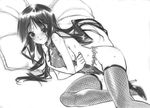  akiyama_mio bare_shoulders belly_chain blush breast_hold breasts covering covering_breasts fishnet_legwear fishnets greyscale high_heels jewelry k-on! leotard long_hair medium_breasts monochrome pillow senomoto_hisashi shoes sideboob solo tears thighhighs 