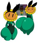 2026 big_butt black_eyebrows black_eyes brown_face bunny_costume butt cel_shading clothing colored costume crazy_dave digital_media_(artwork) duo electronic_arts elemental_creature elemental_humanoid empty_eyes eyebrows fake_ears fake_rabbit_ears female flora_fauna flower flower_creature freckled_face freckles green_body green_clothing green_leotard green_topwear hi_res huge_butt human humanoid leotard looking_at_viewer lucaslora male mammal multiple_angles not_furry petals plant plant_humanoid plants_vs._zombies popcap_games reference_image shaded shirt simple_background smile smiling_at_viewer smug sunflower_(pvz) tan_body tan_skin teeth thick_thighs topwear white_background white_clothing white_shirt white_topwear yellow_petals