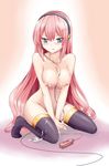  blue_eyes blush breasts cleavage cum cum_on_body cum_on_breasts cum_on_upper_body facial headphones headset kneeling large_breasts long_hair megurine_luka miyuki_rei naughty_face nipples pink_hair solo thighhighs tongue vibrator vocaloid 