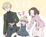  1boy 2025 2girls adoptive_parent_and_adoptive_child anger_vein blonde_hair brown_hair child commentary_request green_jacket husband_and_wife jacket james_sunderland kuso_500t laura_(silent_hill) mary_shepherd-sunderland multiple_girls overalls parent_and_child ponytail silent_hill_(series) silent_hill_2 silent_hill_2_(remake) simple_background skirt 