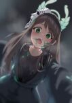  1girl absurdres airi_(blue_archive) airi_(halloween)_(blue_archive) backlighting black_shirt blue_archive blurry blush brown_hair commentary cowboy_shot depth_of_field downturned_eyes dutch_angle foreshortening from_below green_eyes green_halo green_jacket green_pants hair_between_eyes hair_over_shoulder halloween_costume halo highres hockey_mask jacket long_hair long_sleeves looking_at_viewer mask mask_on_head morishin546 official_alternate_costume open_clothes open_jacket open_mouth paint_on_clothes paint_splatter paint_splatter_on_face pants pov shirt solo tareme teeth tongue upper_teeth_only 