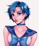  1girl absurdres bishoujo_senshi_sailor_moon blue_choker blue_hair blue_sailor_collar blush breasts choker circlet commentary commission crescentkitten curtained_hair earrings english_commentary eyelashes highres jewelry lips looking_at_viewer makeup mascara medium_breasts multiple_earrings nose parted_lips sailor_collar sailor_mercury sailor_senshi_uniform school_uniform shirt short_hair simple_background sleeveless sleeveless_shirt solo stud_earrings upper_body white_background white_shirt 