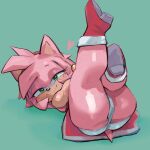 1:1 accessory amy_rose anthro big_butt blush boots bracelet butt clothed clothing dress eulipotyphlan female footwear fur green_eyes hair_accessory hairband heart_symbol hedgehog hi_res jewelry legs_up lying_on_ground mammal on_ground panties pink_body pink_fur sega shoes simple_background smile smug_face solo sonic_the_hedgehog_(series) tail tan_body tan_skin teal_background thick_thighs underwear upskirt xmortem