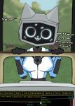  1girl absurdres animal_ears breasts cat_ears cat_girl commentary duckerzzart english_commentary english_text fake_animal_ears highres humanoid_robot kerfur_(voices_of_the_void) looking_at_viewer monitor pringles_can_onahole robot robot_girl solo voices_of_the_void 