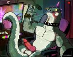 anthro bodily_fluids computer cum dildo electronics genital_fluids genitals goat_(movie) green_body hi_res knot komodo_dragon livestream lizard male male/male modo_olachenko monitor_lizard muscular penile_spines penis purple_body reptile retrochuchos retromutt saliva scalie selfie sex_toy solo yellow_eyes