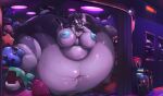 absurd_res anthro big_breasts black_body black_fur blue_eyes blue_nipples breasts butt chest_tuft claws clubhouse dragon female folds fur gas_canister genitals gesture grey_body grey_fur hi_res inflating inflation inviting maxine_(dragonmamamax) multicolored_body multicolored_fur mythological_creature mythological_scalie mythology neon neon_lights nipples overweight pinkcynicism plushie purple_light scalie sidecut smile smiling_at_viewer solo thick_thighs tuft vulva white_body white_fur