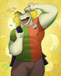 2026 absurd_res agamid alternate_species anthro bottomwear clothing crocust deltarune elemental_creature eyes_closed flora_fauna flower flower_creature flowery_(deltarune) frilled_lizard furrification happy hi_res lgbt_pride lizard male pants plant pose pride_color_accessory pride_colors reptile scalie seven_flowers smile solo standing sweatpants undertale_(series) vincian_pride_colors