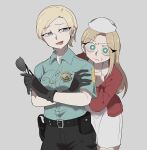  2025 2girls blonde_hair blue_eyes commentary_request cybil_bennett glasses green_eyes hat jacket kuso_500t lisa_garland multiple_girls nurse nurse_cap police police_uniform policewoman short_hair silent_hill_(series) silent_hill_1 simple_background white_background 