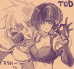  1boy 1girl armor breasts choker commentary_request gloves greyscale looking_at_viewer midriff monochrome negresco ok_sign open_mouth rutee_katrea short_hair simple_background sketch smile stahn_aileron tales_of_(series) tales_of_destiny very_short_hair 