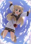  1girl animal_ears arms_up blonde_hair blue_sky brown_shoes cloud commentary_request full_body green_eyes highres jumping long_hair long_sleeves looking_at_viewer open_mouth osamada_meika ouki_(torakapu!) outdoors outstretched_arms ribbon shirt shoes sky smile solo tiger_ears tiger_girl torakapu! white_shirt yellow_ribbon 
