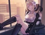  1girl adversarial_noise ak-74m angel_ina assault_rifle belt black_belt black_boots blonde_hair blush boots bra braid breasts building chair chest_belt city cleavage collarbone commission day dusk feet_on_table flower foregrip green_eyes gun hair_flower hair_ornament head_tilt high_heel_boots high_heels highres holding holding_gun holding_weapon indoors kalashnikov_rifle legs lily_(flower) long_sleeves looking_at_viewer magazine_(weapon) medium_breasts medium_hair office_chair open_clothes open_shirt original panties partially_unbuttoned rifle scope shirt sidelocks single_braid sitting solo suppressor swivel_chair thighs underwear vertical_foregrip weapon white_bra white_panties white_shirt window 
