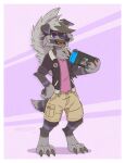 aar0njay abstract_background anthro black_clothing black_jacket black_topwear bomber_jacket border cheek_tuft chest_fur chest_tuft claws clothing digitigrade dl_wolf_(dl2288) ear_piercing ear_ring facial_tuft fan_character finger_claws floppy_ears fur generation_7_pokemon grey_body grey_fur hand_on_hip head_tuft hi_res jacket khaki_shorts looking_at_viewer lycanroc male midnight_lycanroc multicolored_body multicolored_fur nintendo nintendo_switch open_mouth paws piercing pink_clothing pink_shirt pink_topwear pokemon pokemon_(species) purple_body purple_eyes purple_fur purple_nose ring_piercing shirt solo standing toe_claws topwear tuft white_border