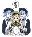  3girls bird_hat_ornament black_bow black_bowtie black_capelet black_flower black_hat black_rose blonde_hair blue_hair blue_necktie blue_skirt bonnet bow bow_flower bowtie braid braided_hair_rings capelet chinstrap collared_shirt commentary_request deerstalker dress flower frilled_capelet frilled_dress frilled_sleeves frills green_bonnet green_eyes grey_vest hair_bow hair_flower hair_ornament hair_rings hat hat_bow highres holding_hands lolita_fashion long_hair long_sleeves mahou_shoujo_no_majo_saiban multiple_girls necktie plaid_clothes plaid_skirt rose shirt short_hair simple_background skirt speech_bubble tachibana_sherry tono_hanna translation_request twintails vest white_background white_flower white_rose white_shirt wide_sleeves winged_hat yellow_eyes yellow_flower yellow_rose yume_mogura yuri 