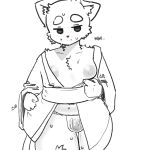 1:1 anthro areola asian_clothing blush blush_lines bodily_fluids breasts bulge clothing clothing_pull detailed_bulge domestic_cat east_asian_clothing embarrassed felid feline felis femboy front_view fundoshi genital_fluids genital_outline genitals greyscale japanese_clothing kemono kodari_(artist) looking_at_viewer male male_anthro mammal monochrome moobs nervous nipples overweight overweight_anthro overweight_male penis penis_outline precum precum_through_clothing precum_through_underwear shy simple_background sketch solo standing sweat sweatdrop thick_thighs underwear wet wet_clothing wet_underwear white_background