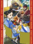  2boys 2girls akuma_(street_fighter) beard black_hair bracelet brown_hair burger cafe chair chest_hair china_dress chinese_clothes chun-li commentary_request cup disposable_cup double_bun dress drinking_straw earrings eating english_text facial_hair fast_food food french_fries hair_bun hair_ribbon headband headphones highres holding holding_food jacket jewelry lettuce li-fen mcdonald's mother_and_child mother_and_daughter multiple_boys multiple_girls muscular muscular_male official_art old on_chair parent_and_child pectorals red_headband restaurant ribbon ryu_(street_fighter) sash scar short_hair sitting smile spiked_bracelet spikes street_fighter street_fighter_6 table topless_male twitter_username yellow_ribbon 