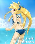  asano_kazunari ass bikini blonde_hair bow butt_crack fate_testarossa flat_chest frilled_bikini frills hair_bow highres long_hair looking_back lyrical_nanoha mahou_shoujo_lyrical_nanoha red_eyes solo swimsuit twintails 