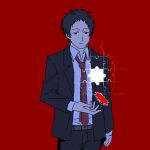  1boy adachi_tooru belt black_eyes black_jacket black_pants closed_mouth collared_shirt commentary_request cowboy_shot floating floating_object highres jacket looking_at_object male_focus necktie pants persona persona_4 puzzle_piece red_background red_necktie shirt short_hair solo suit tira_zhang white_shirt 