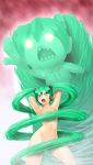  armpits arms_behind_head arms_up avavago_(parody) bayonetta censored convenient_censoring green_eyes green_hair hatsune_miku highres long_hair navel nude onsoku_maru parody pose solo thighs toned twintails vocaloid 