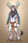 2:3 3_fingers adrigos anthro antlers arm_markings blizzard_entertainment bottomwear bovid bovine chest_markings clothed clothed_anthro clothed_male clothing facial_markings fingers fur grey_hair hair head_markings hi_res highmountain_tauren honeymooo hooves horn jewelry loincloth male mammal markings necklace smile solo standing tauren topless topless_anthro topless_male tribal tribal_markings warcraft white_body white_fur