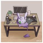  border bottle closed_mouth commentary computer computer_keyboard computer_mouse desk drawing_tablet dripping english_commentary full_body glasses goomy indoors monitor no_humans on_desk plant poke_ball pokemon pokemon_(creature) pokemon_focus potted_plant premier_ball puddle purpurata slime_(substance) solid_oval_eyes solo speaker stylus twitter_username unworn_eyewear water_bottle white_border wooden_floor 