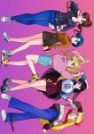  5girls aino_minako bishoujo_senshi_sailor_moon blonde_hair blue_eyes book commentary_request cup disposable_coffee_cup disposable_cup dj_jdite double_bun exif_rotation green_eyes hair_bun hino_rei holding holding_book jacket kino_makoto leather leather_jacket long_hair mizuno_ami multiple_girls one_eye_closed shoes skirt sneakers tsukino_usagi 