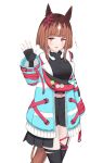  1girl animal_ears aqua_coat badge belt black_gloves black_shirt black_shorts black_thighhighs blush bob_cut breasts brown_hair button_badge ceresia8327 coat commentary_request ear_ornament ear_ribbon fanny_pack fingerless_gloves gloves hand_up headphones headphones_around_neck highres horse_ears horse_girl horse_tail inverted_bob jacket long_sleeves looking_at_viewer medium_breasts multicolored_hair open_clothes open_mouth pink_belt red_eyes shirt short_hair shorts simple_background smile solo tail thighhighs transcend_(umamusume) transcend_(zoku-zoku_gizmo)_(umamusume) umamusume waving white_background 