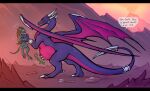 abdominal_bulge accessory activision ambiguous_gender ambiguous_prey anthro arm_ring axe belly big_belly black_bars blade_tail bodily_fluids brown_hair club_(weapon) cynder darkdraconica digital_media_(artwork) dragon english_text female feral furgonomics grabbing_another green_body group gurgle_(sound_effect) hair hand_on_belly hi_res horn jewelry kobold larger_feral larger_pred letterbox lifting_another long_hair long_tail melee_weapon membrane_(anatomy) membranous_wings mountain muffled multi_horn mythological_creature mythological_scalie mythology neck_spikes on_hind_legs open_mouth outside purple_body ring rumbling_stomach saliva scalie scared sharp_teeth shield size_difference sky smaller_anthro spyro_the_dragon tail tail_accessory tail_jewelry tail_ring teeth text tongue tongue_out trio unseen_prey url vore weapon weapon_on_ground wings