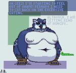 2023 anthro avian beak belly belly_overhang big_belly big_breasts bird blue_body blue_feathers breasts chubby_cheeks clothing deep_navel dialogue digital_media_(artwork) english_text feathers female footwear footwear_only frown huge_belly hungry jellybru mostly_nude narrowed_eyes naturally_censored navel nude obese obese_anthro obese_female onomatopoeia overweight overweight_anthro overweight_female owl pixel_(artwork) sandals sandals_only shoes signature simple_background solo sound_effects standing talking_to_self text text_box unsatisfied vellabella_(jellybru) weight_conscious white_body white_feathers