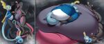 2026 absurd_res belly big_belly black_body blue_body generation_7_pokemon generation_8_pokemon group hi_res huge_belly inteleon morbidly_obese nintendo obese overweight pokemon pokemon_(species) salandit salazzle shweetmagnet simple_background sitting sobble