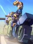  1girl absurdres aile_(mega_man_zx) black_bodysuit blue_jacket blue_shoes blue_sky bodysuit bodysuit_under_clothes brown_hair commentary_request cropped_jacket green_eyes helmet highres holding holding_unworn_helmet jacket looking_up mega_man_(series) mega_man_zx motor_vehicle motorcycle omochi_(mochi_skymega) on_motorcycle open_clothes open_jacket open_mouth robot_ears shoes shorts sky solo sweat unworn_headwear unworn_helmet white_shorts 