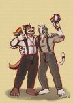 alexyorim anthro barefoot canid canine canis clothing cougar coyote duo echo_(series) echo_project feet felid feline hi_res lgbt_pride lgbt_pride_month male male/male mammal pride_color_clothing pride_color_flag pride_colors progress_pride_colors samuel_ayers suspenders tail the_smoke_room william_adler